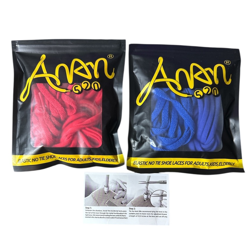 Anan 520 Elastic No Tie Shoe Laces x 2 - Red & Blue Adults Kids Elderly Shoelace